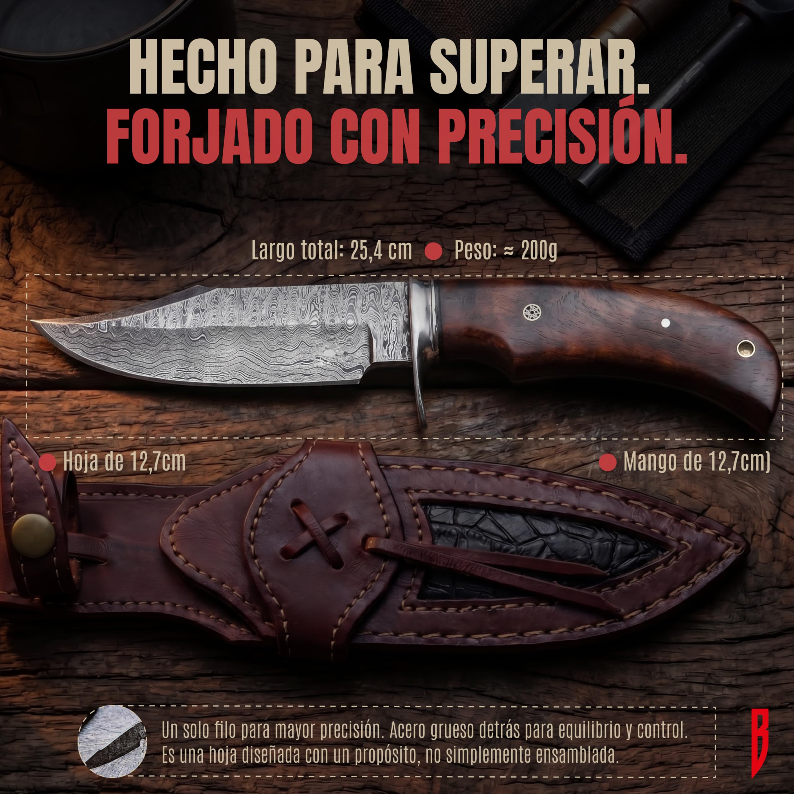 BIGCAT ROAR Cuchillo de Caza Premium Hecho a Mano de Acero de Damasco con Funda - 25 cm Hoja Fija con Mango de Madera de Nogal - Cuchillo Multiuso para Hombre - Bear Hunter