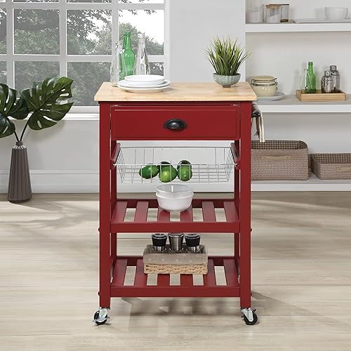 Miniatura 8 de OSP Home Furnishings Hampton - Carrito de cocina con parte superior de madera, cajón para utensilios, cesta debajo del gabinete y 2 estantes de