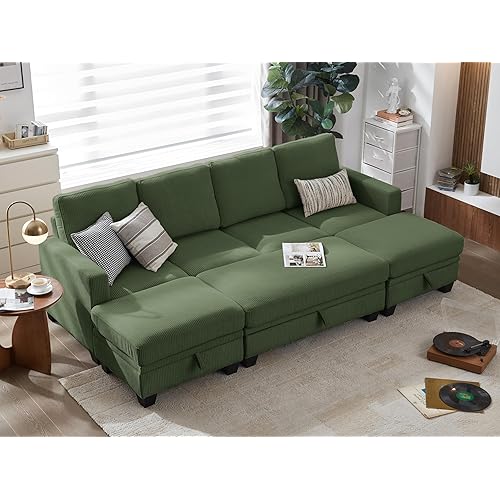 CHIC HOUSE Corduroy Modular Sectional Couch with Ottoman Chaise, L/U Shaped Sleeper Sofa for Living Room, Apartment, Lounge, Modern Armrest Neck Support Furniture (8 Seater Sleeper, Green)