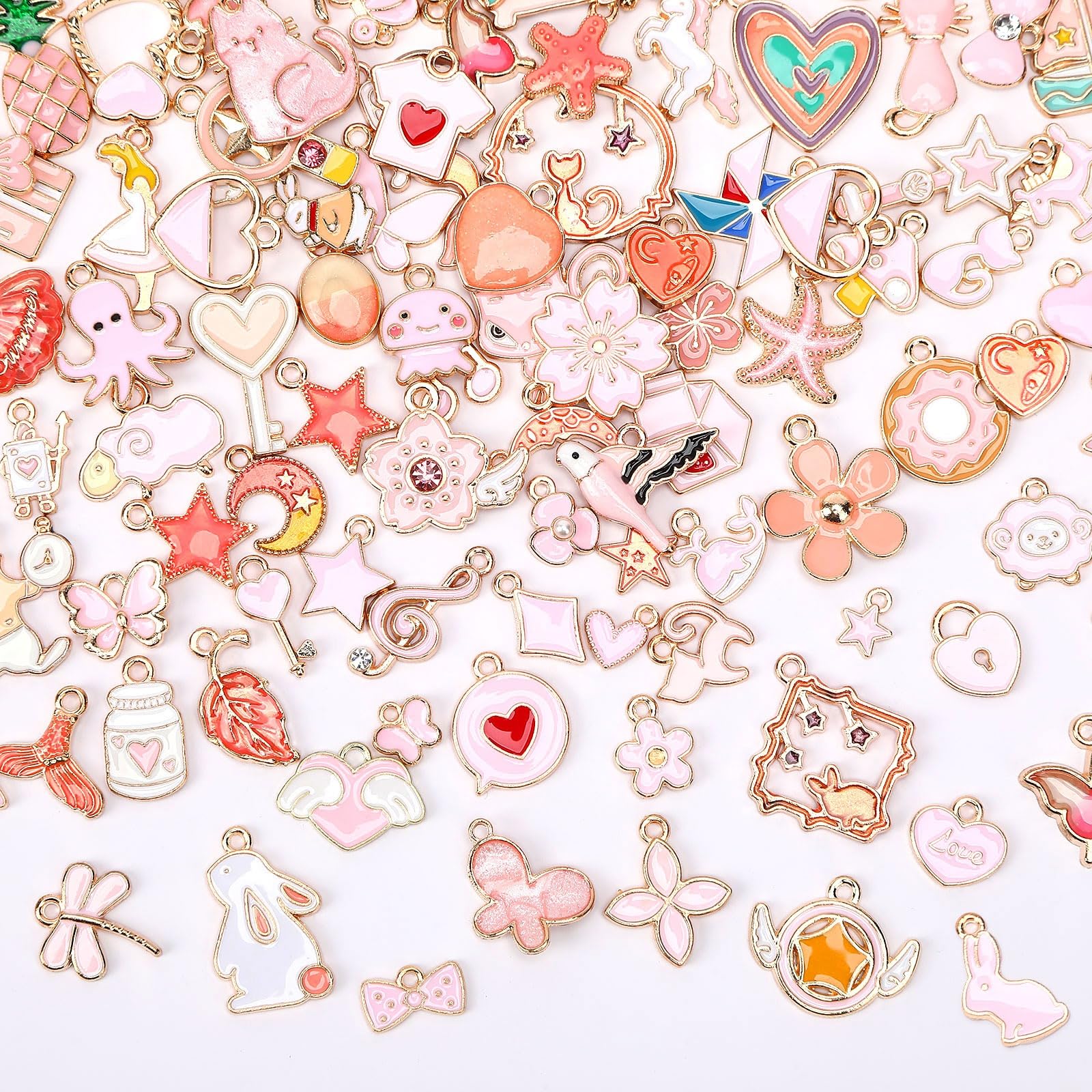 MARFOREVER 120 Pcs Pink Charms, Assorted Gold Enamel Charm for Jewelry Making Pink Theme Mixed Flowers Heart Fruit Moon Star Dangle Pendants Charm for DIY Bracelet Necklace Earrings Crafts