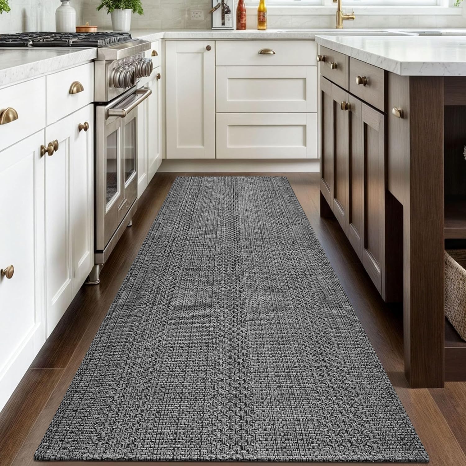 Teppich Läufer 90x240cm, Baumwolle Flur Teppich Absorbierend, Küchenteppich Waschbar Dauerhaft & Antistatisch, Küchenmatte Saugfähig, Waschbare Teppiche für Flur, Eingang, Küche, Grau