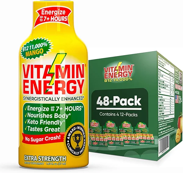 Vitamin Energy B12 11,000% Extra Strength Energy Shot Mango 48 Pack, 260mg Natural Caffeine, B12 & B6, Nootropic Focus, Vitality, Zero Sugar, Gluten-Free, Vegan, Kosher, 1.93 fl oz