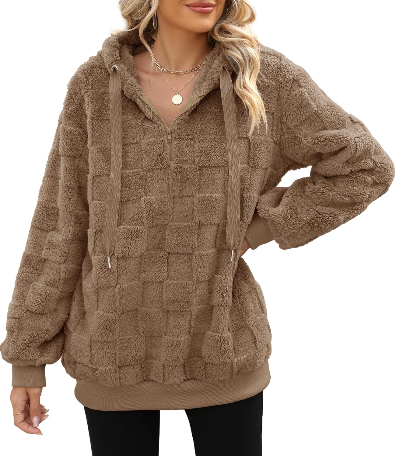 Yanekop Womens Fuzzy Fleece Pullover Oversized Sherpa Jacket Half Zip Pullover Sweaters Winter Faux Fur Jacket Coat - Image 2
