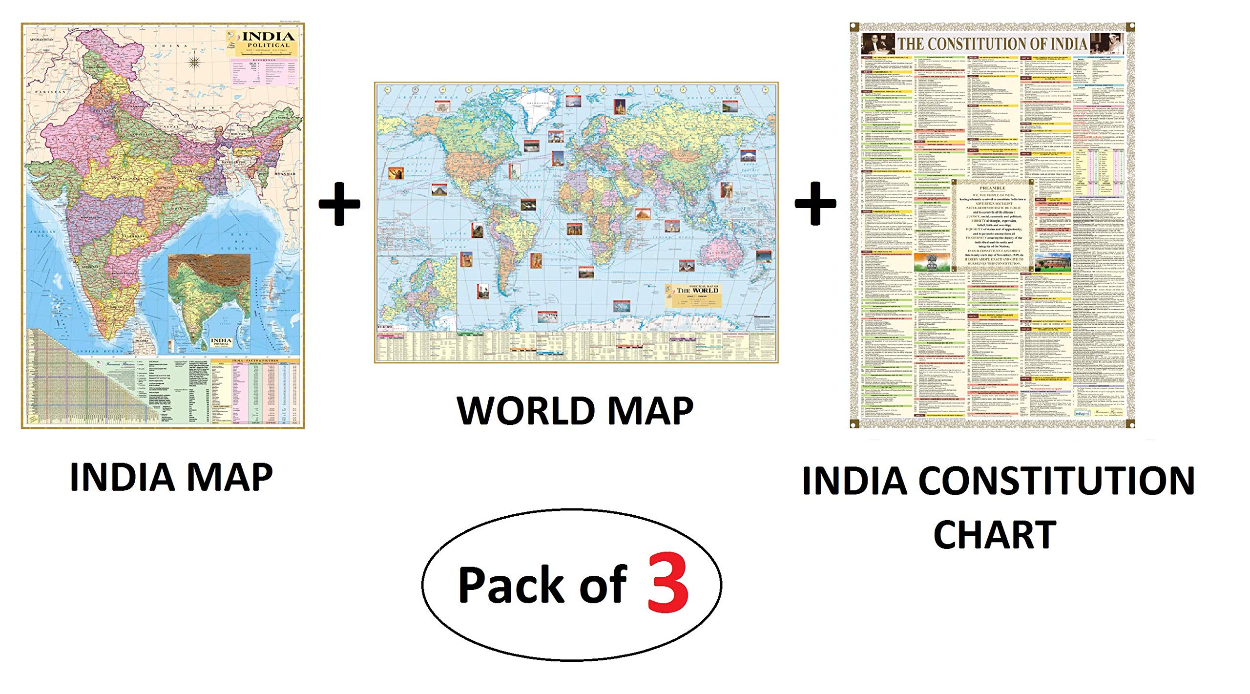 INDIA MAP, WORLD MAP and INDIA CONSTITUTION CHART (PACK OF 3) All Maps/Chart size : 100x70 cm (40"x28" inch). For UPSC, SSC, PCS and Other Competitive Exams.