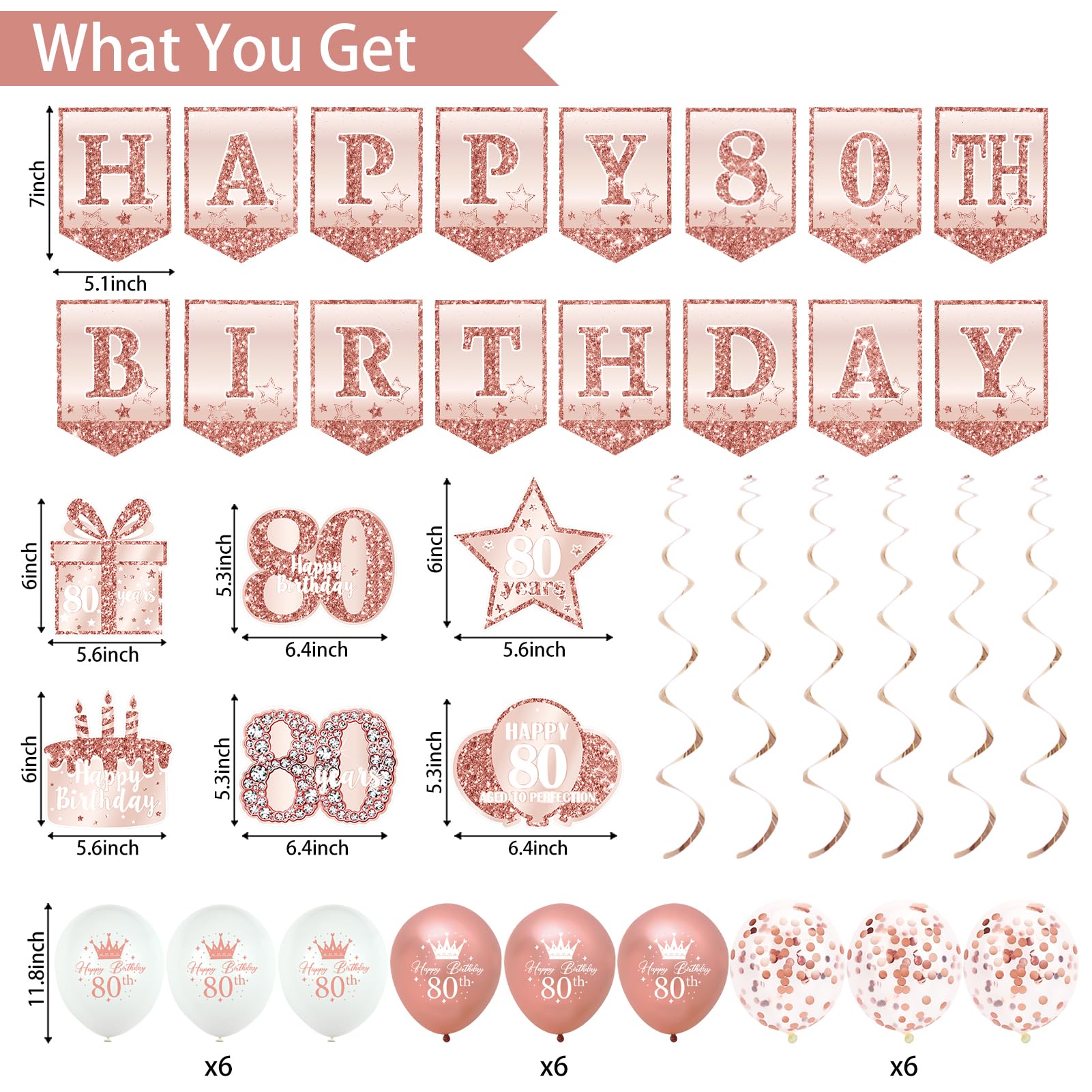 Trgowaul 80th Birthday Decorations for Women, 30pcs Rose Gold Happy Birthday Party Supplies, 80th Crown and Sash, Banner, Hanging Swirl Flag, Balloons, 80 Year Old Party Decoration Set
