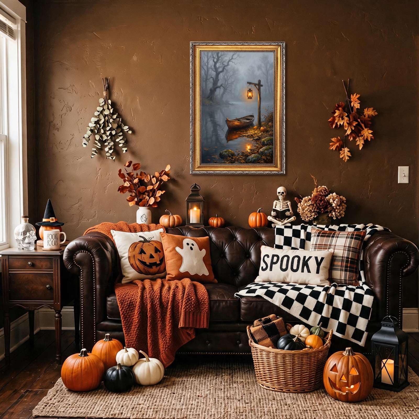 Cuadro decorativo de otoño con farol en un lago brumoso, ideal para decorar