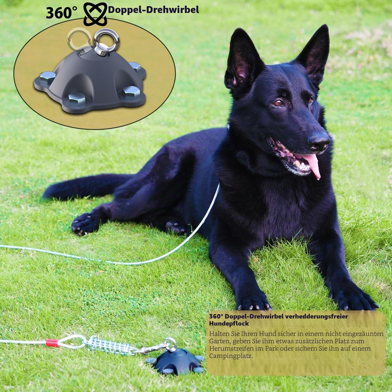Patentierter 360° drehbarer Hundeanker für kleine bis große Hunde bis zu 68 kg – Hundeleinenpfahl mit 5 starken Haltegurten hält 453,6 kg Zugkraft (Pfahl mit 30 Kabeln)