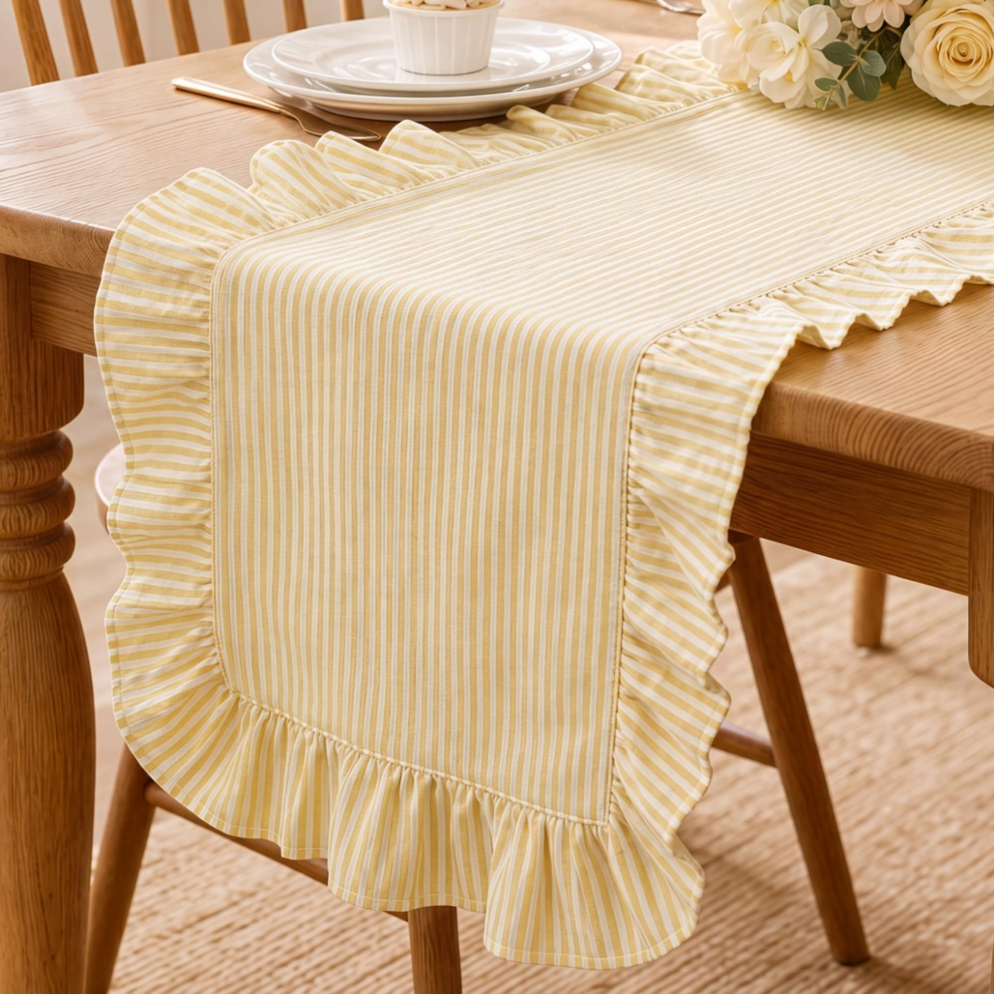 Photo 1 of Windkream Ruffled Table Runner - Yellow Stripe, 14x72 inches