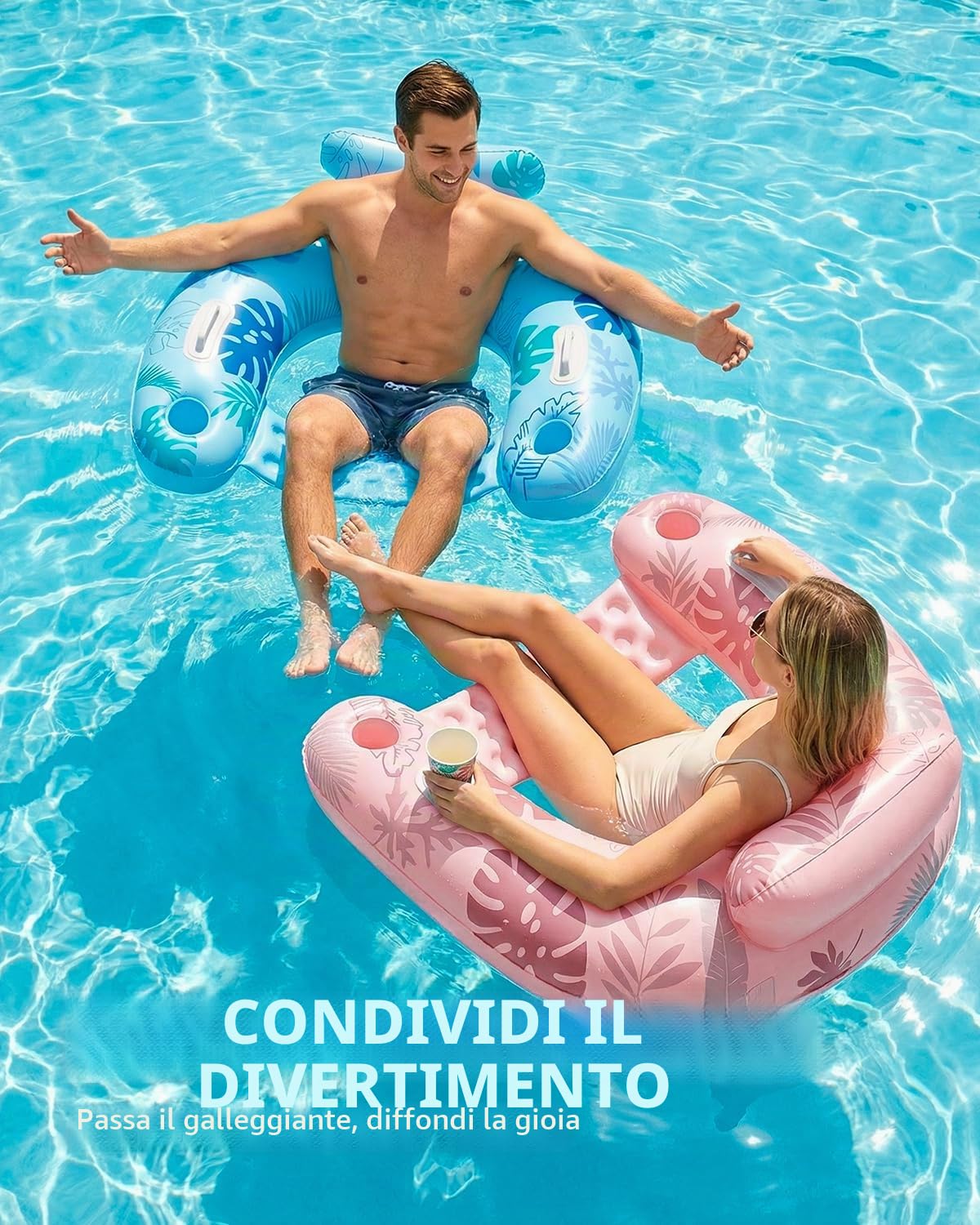 SOLAVERO 3 Pezzi Sedia Gonfiabile Piscina, 119 x 86 cm Amaca Galleggiante con Portabicchieri & Maniglia, Sedie Sdraio Gonfiabile Estate per Rilassarsi, Leggere e Feste in Piscina (Foglia)