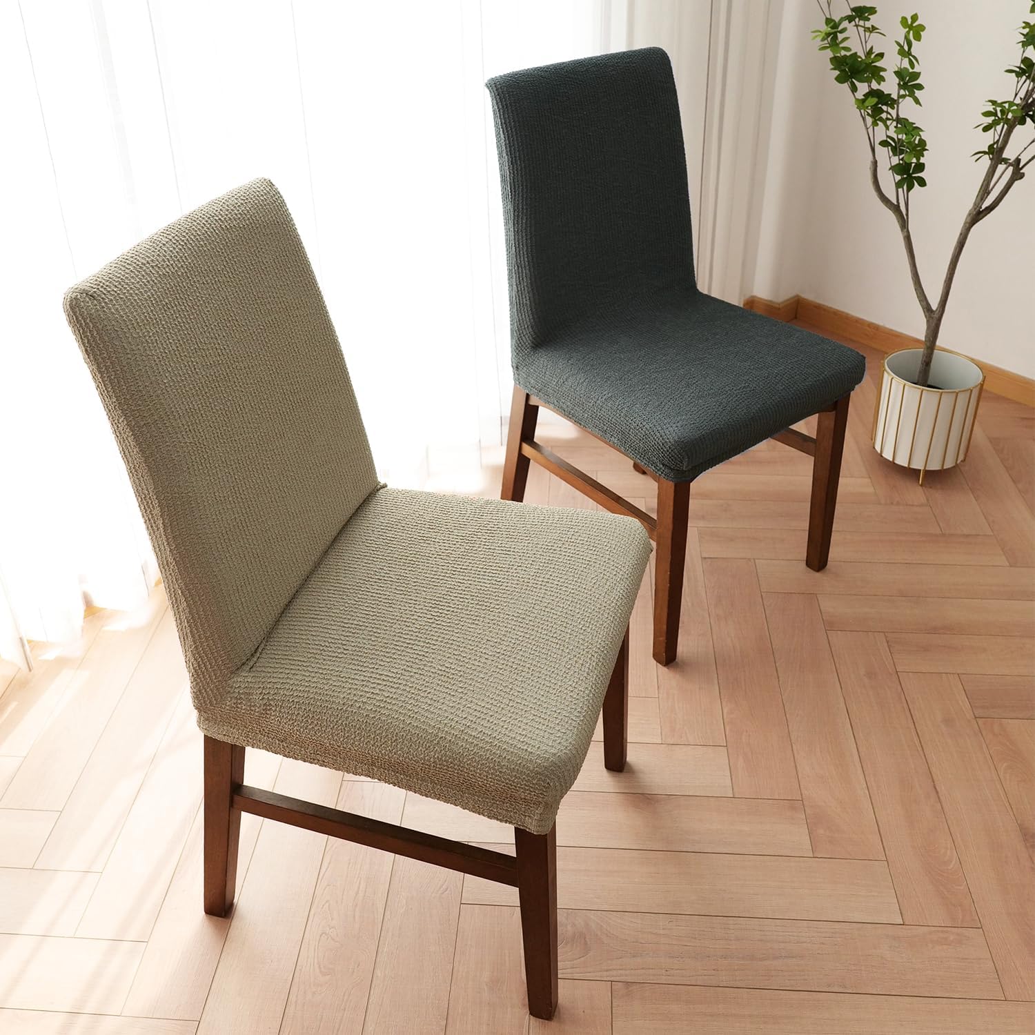 Elastic Dining Chair Covers (Dark Gray, Set of 2), Waterproof Linen-Blend Slipcovers with Textured Feel, Stretch Protectors for Dining Room, Restaurant, or Banquet Chairs, Machine Washable