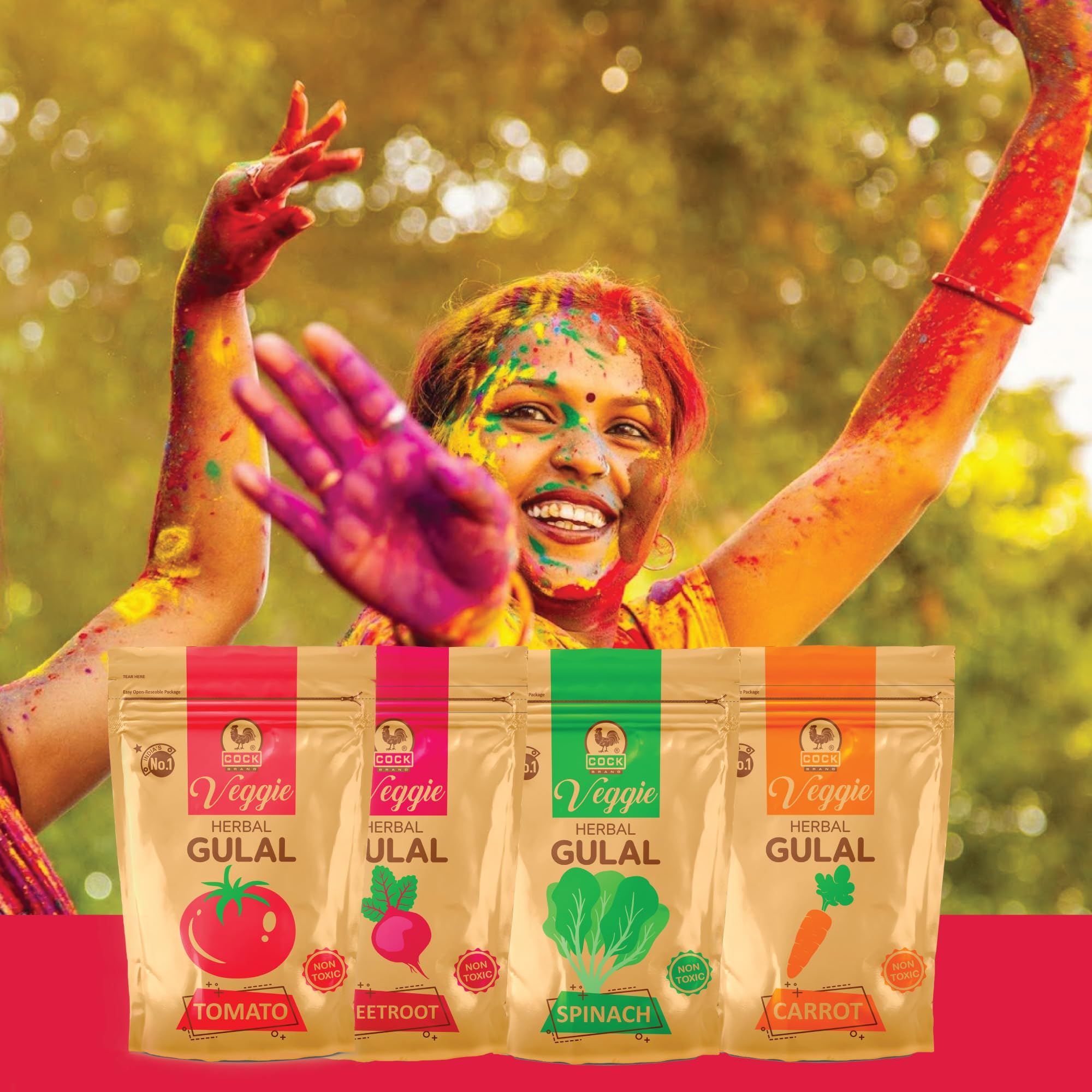 Cock Brand Organic Veggie Gulal – Pack of 4 (280G) | Organic Herbal Gulal for Holi | Non-Toxic, Skin-Friendly Holi Colours | Holi Colour Powder | Perfect for a Safe and Fun Holi Celebration 1