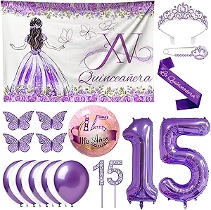Purple Quinceanera 15th Birthday Decorations for Girls with Quinceanera Background, Tiara & Sash, Balloons, Cake Topper, & 3D Butterfly Quinceanera Decor, Happy Birthday Decorations Set
