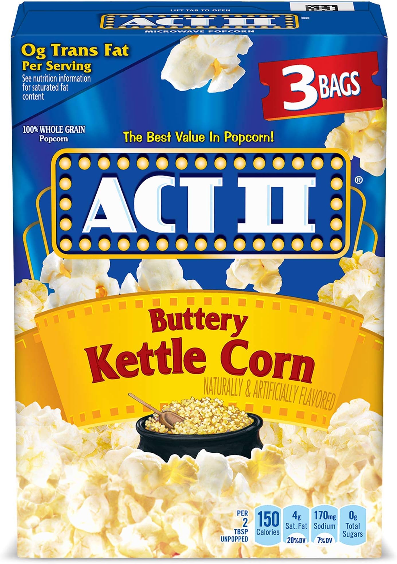 Act II Buttery Kettle Corn Microwave Popcorn, 2.75 oz., 3-Count Bags (Pack of 12)