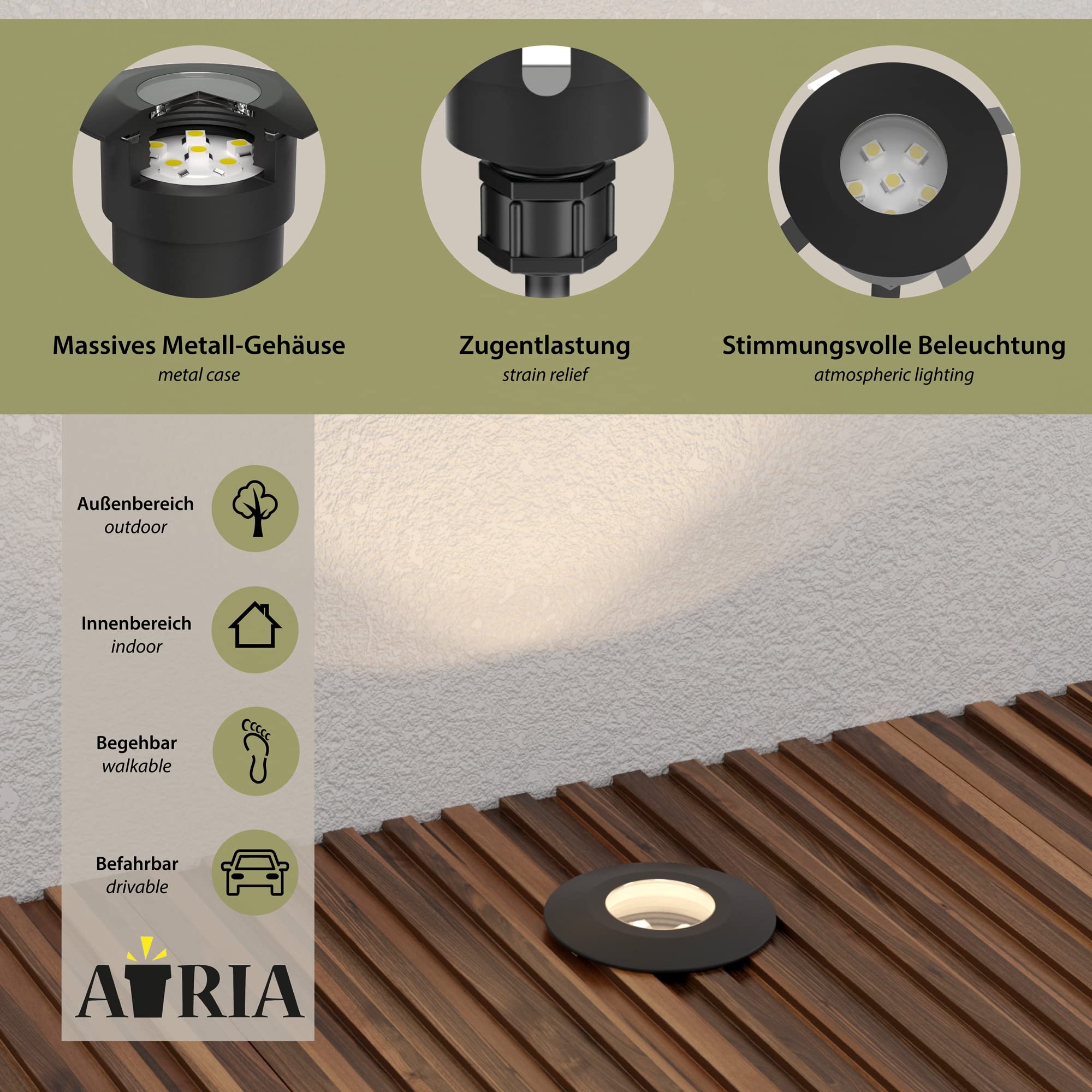 ledscom.de Apparecchio da incasso a pavimento a LED ATRIA per uso esterno, IP65, nero, rotondo, Ø 40 mm, bianco caldo set da 15