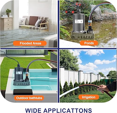 Miniatura 9 de WASSERMANN Bomba de agua sumergible de 12 HP, bomba termoplástica de utilidad de 3300 GPH, bomba eléctrica portátil de transferencia de sumidero