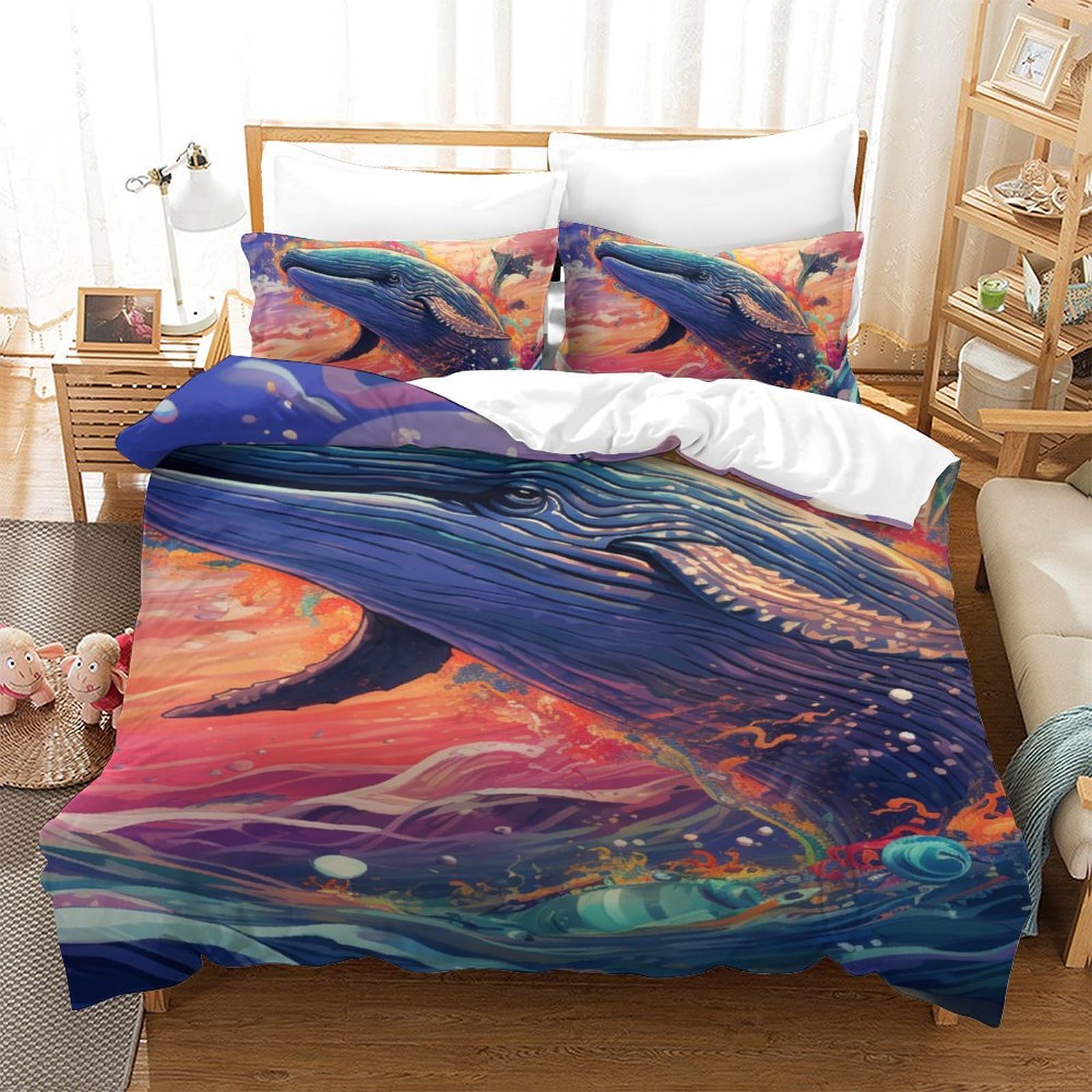 Parure de lit baleine 3D housse de couette 140x200 avec taies d'oreiller
