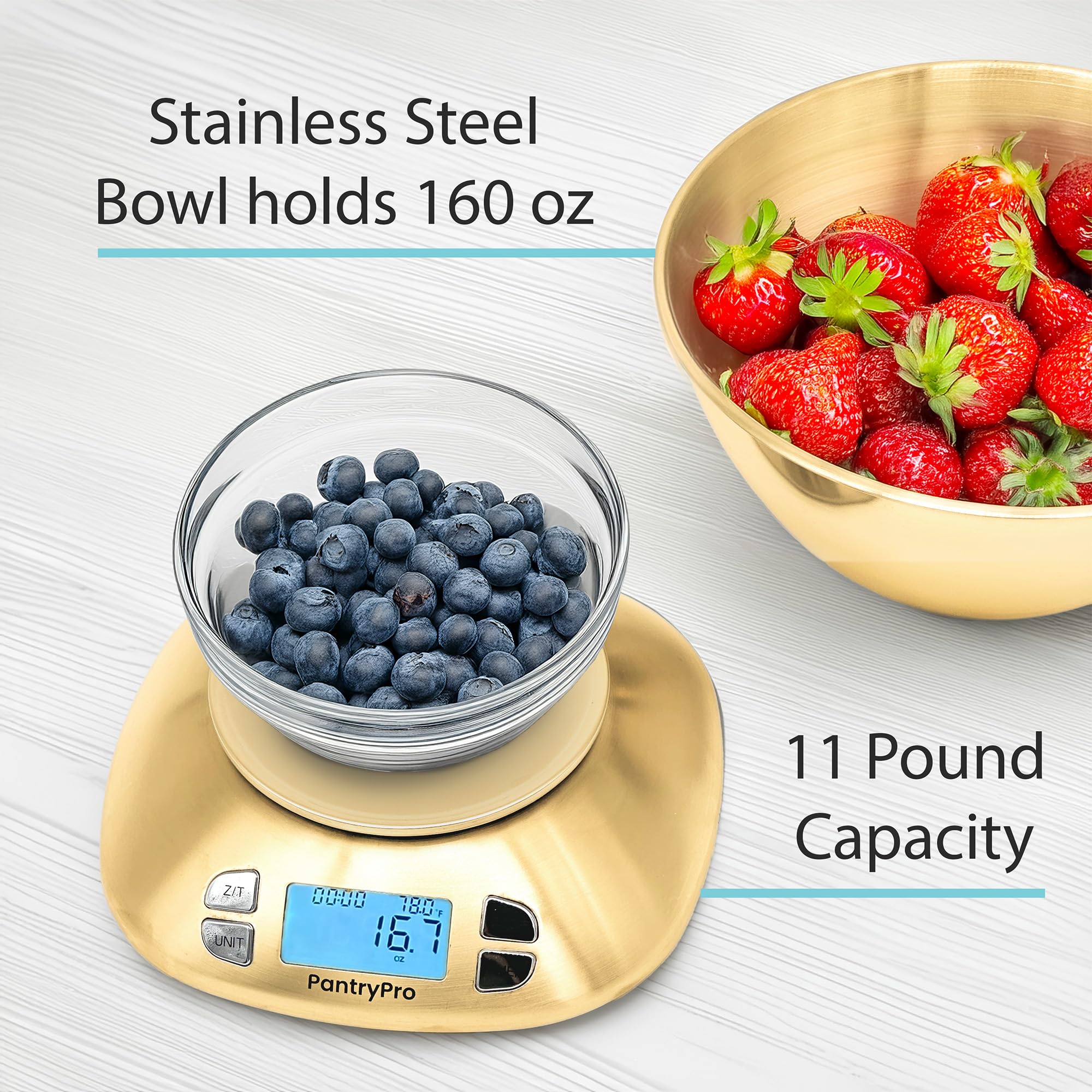 The Display Guys - Báscula digital de cocina de acero inoxidable con cuenco, para laboratorio de alimentos, café, pantalla LCD, gramos, libras, libras, capacidad de 12 libras/5,5 kg, batería incluida
