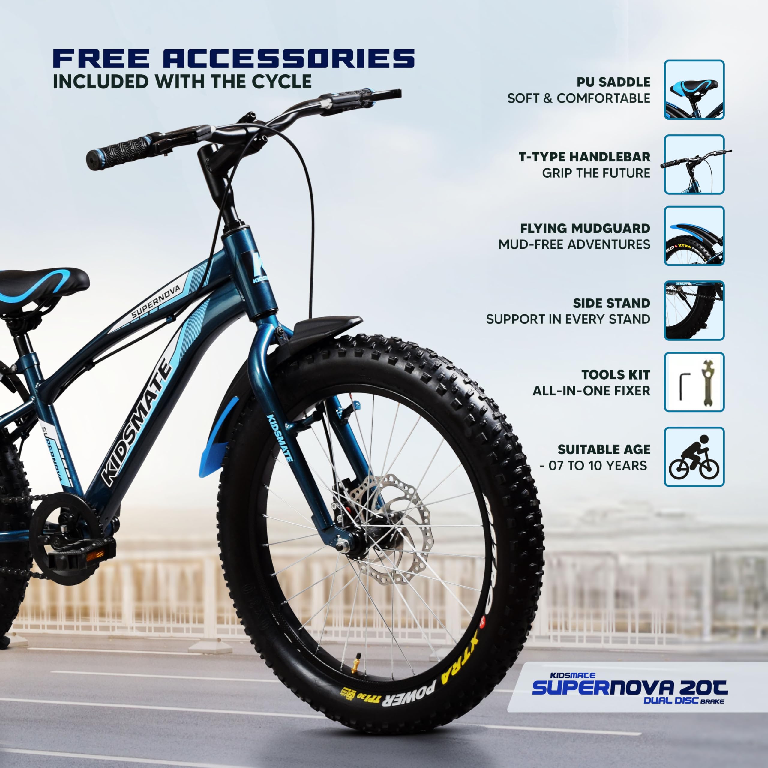 Kidsmate Supernova 20T Fat (20 x 3.0) Tire Cycle for Kids 7–10 Years | Dual Disc Brake Bicycle with Rigid Fork | Wide Tyres, Strong Steel Frame Bike for Kids - Stelios Blue — Amazon image 8