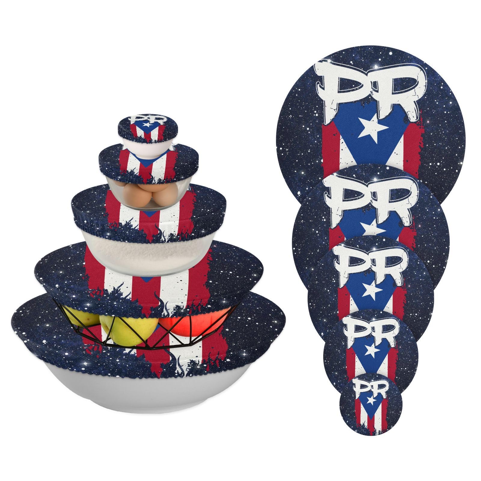 AYUNIX5 Pieces Reusable Bowl Covers Food Storage Covers Stretch Reusable Fabric Cloth Bowl Covers Dish Covers for Fruits Leftovers Kitchen Reusable Lids Container, 4 to 12 Inch (Puerto Rico Pr Flag B