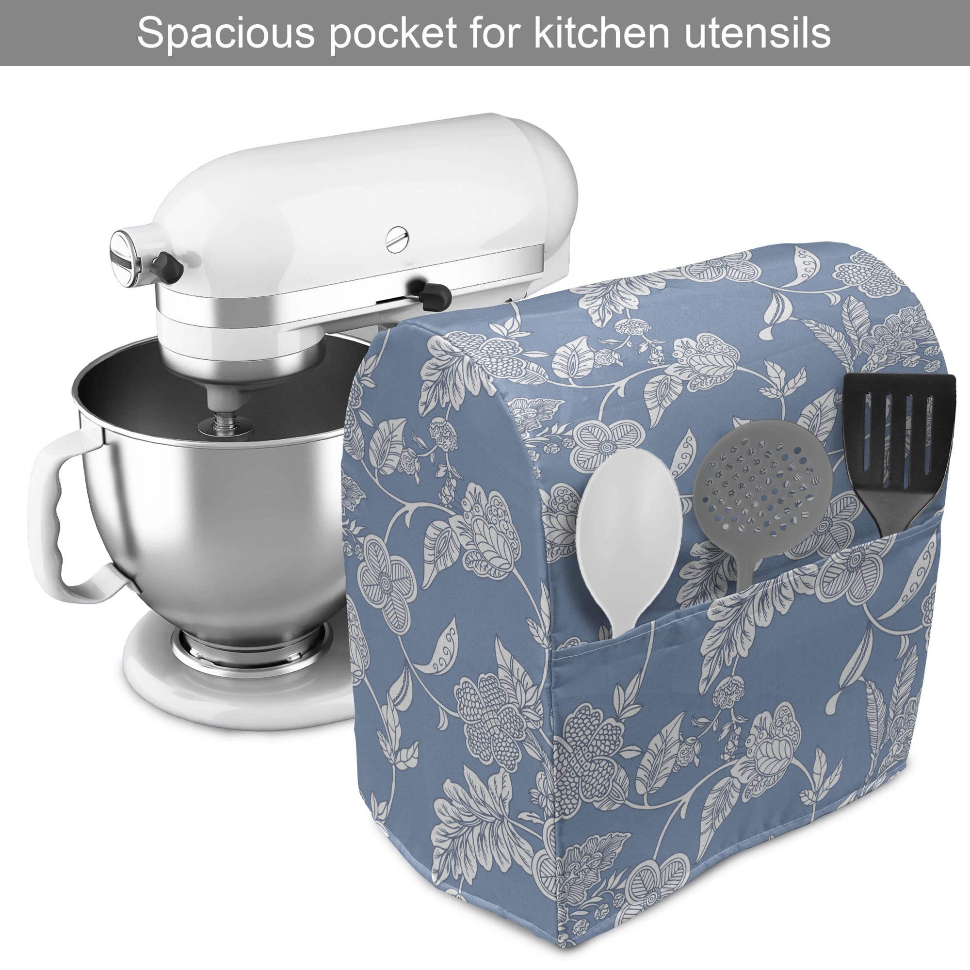 Ambesonne Blue and White Stand Mixer Cover, Illustration Flourishing Garden Flowers Pattern in Vintage Style, Kitchen Appliance Organizer Bag Cover with a Pocket, 6-8 Quarts, Blue White