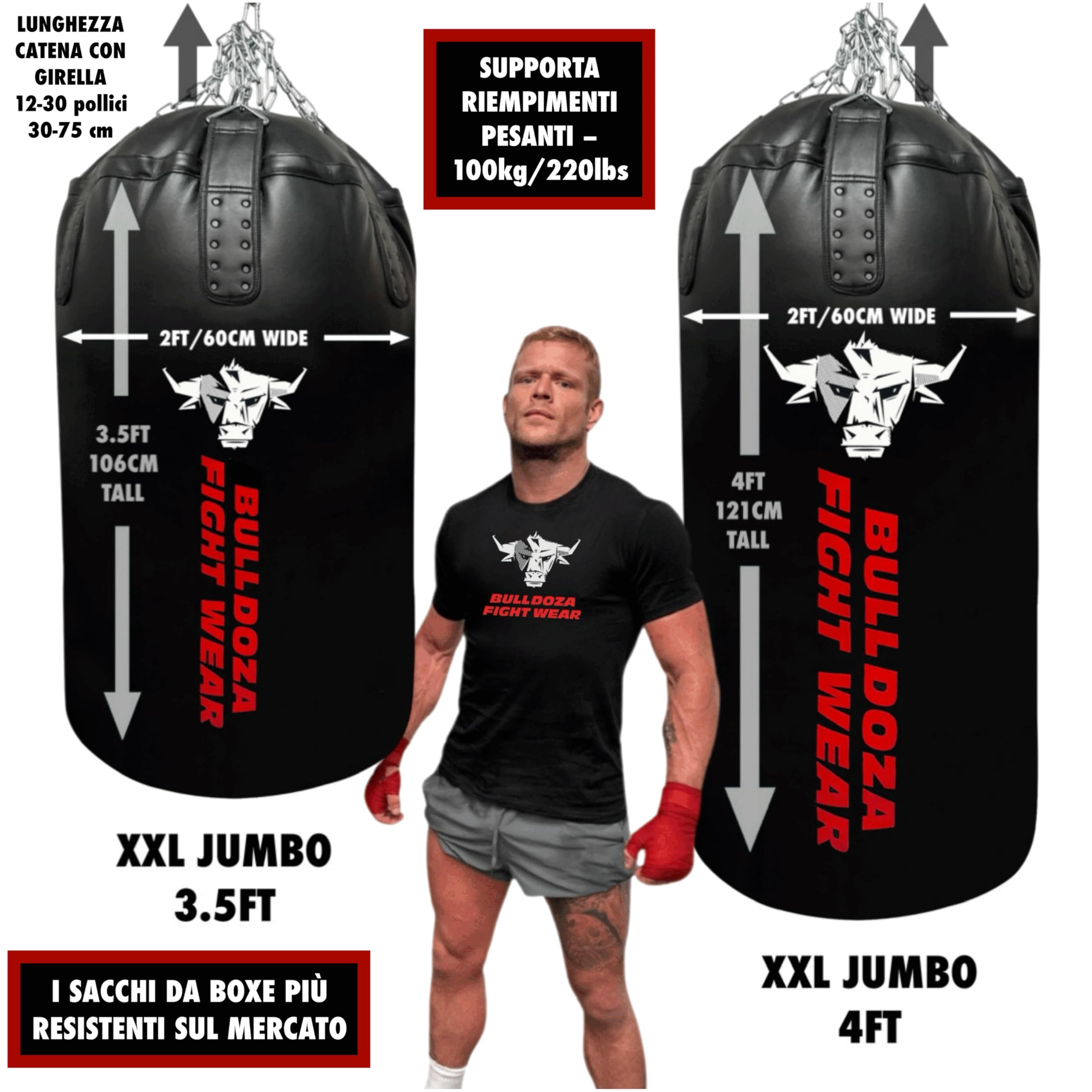 Jumbo - Sacco da boxe XXL con catena sospesa, girevole, moschettoni, per MMA, kickboxing, Muay Thai, arti marziali