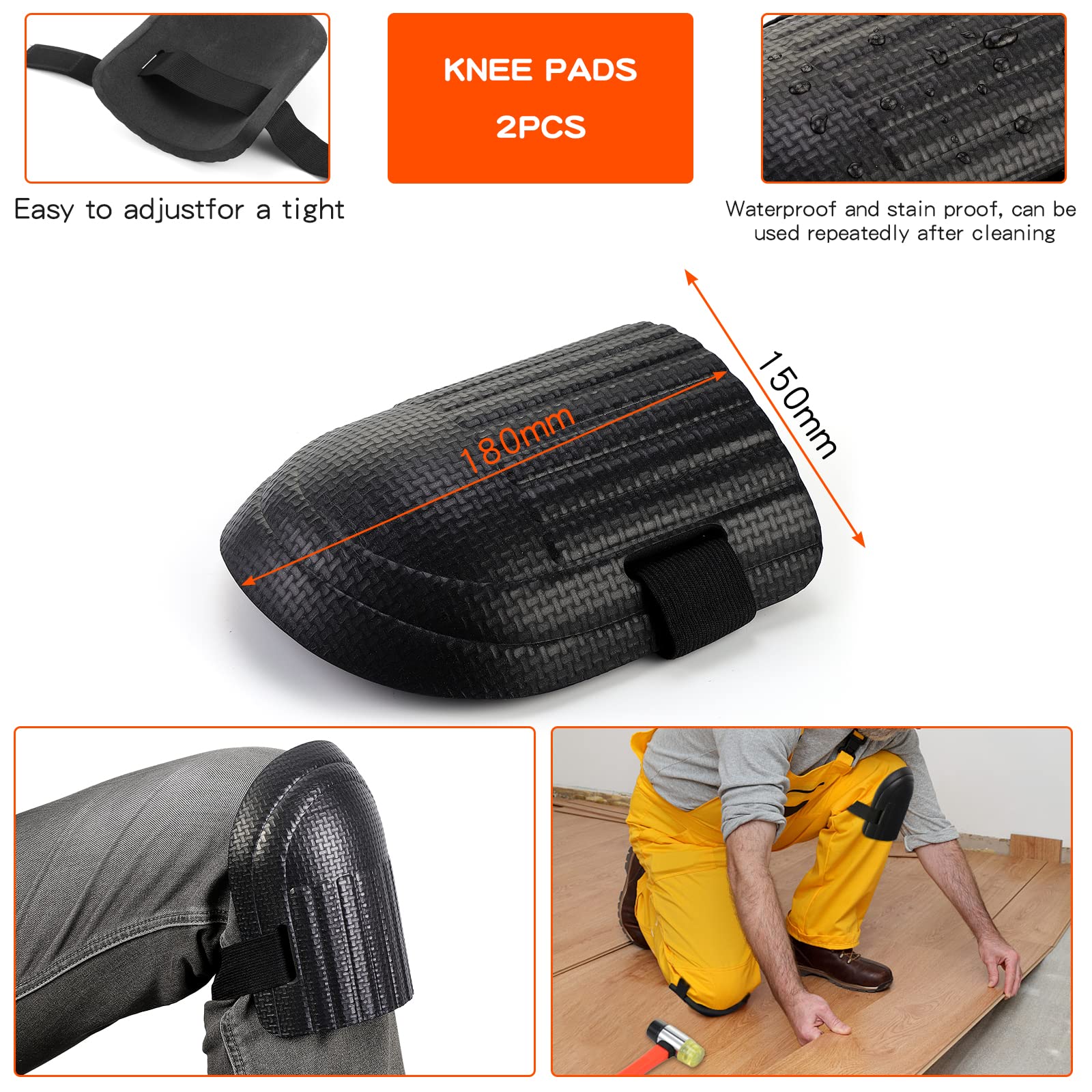 Laminat Holzboden Verlegeset Dielenboden Montagewerkzeug mit 40 Abstandshaltern Heavy Duty Zugstange Solid Tapping Block Double Faced Hammer Foam Kneepads (Orange)