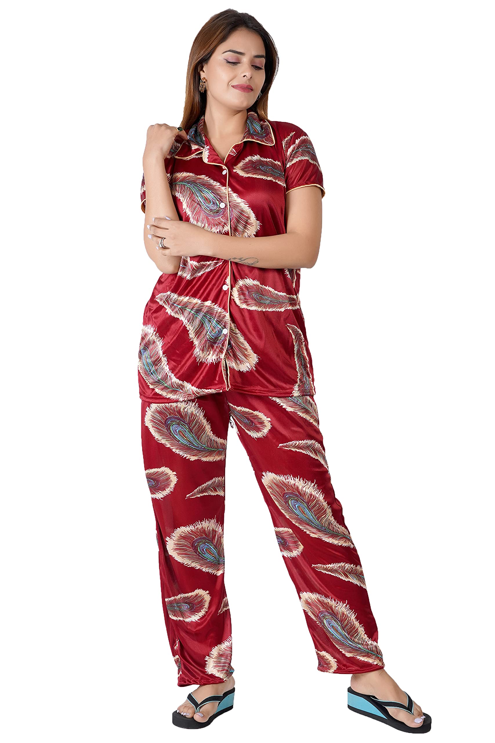 Women's/Girl's All Over Printed Satin Sarina Nightwear Set, Pyjama Set, Night Suit (WSR-41)-image-35