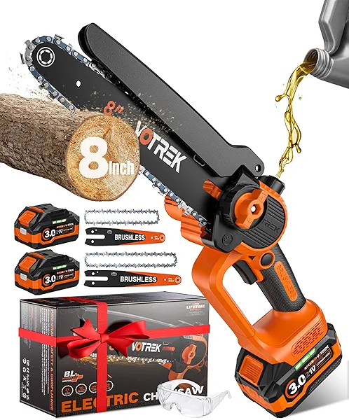 VOTREK 8" & 6" Chainsaw Cordless with 2x3.0AH Batteries, [2-in-1] Powerful Brushless Electric Mini Chain Saw Set (2 Chains& 2 Bars), Handheld Small Hand Saw for Branch Wood Cutting Tree Trimming, Gift