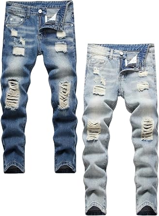 Boys Blue Ripped Jeans 2-Pack Stacked Skinny Fit Destroyed Distressed Fashion Comfy Denim Jeans Pants US 8-16