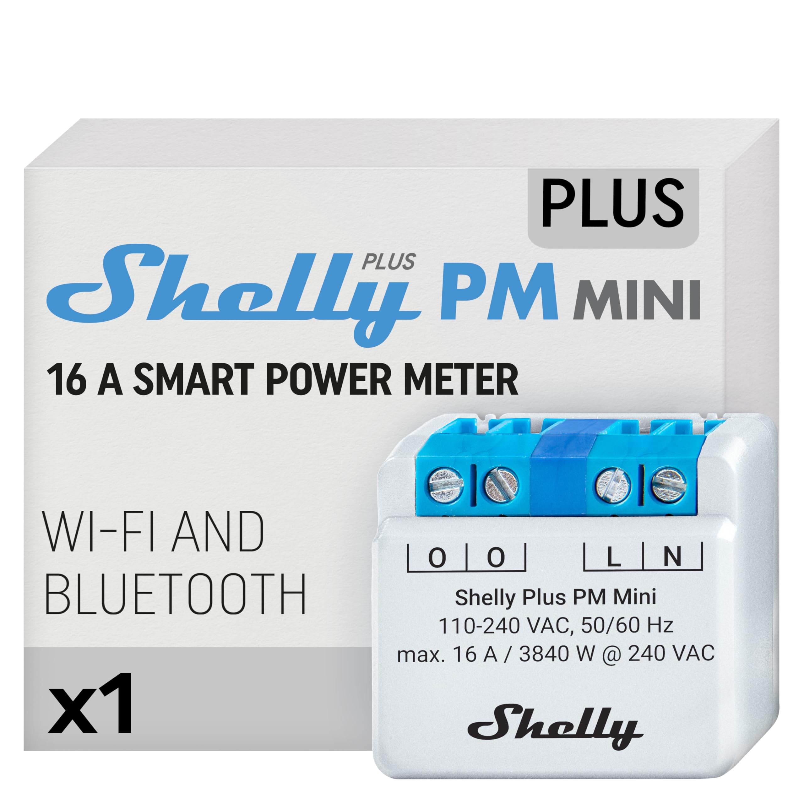 Shelly Plus PM Mini Pack Singolo, Relè Wi-Fi e Bluetooth, Monitoraggio dei Consumi, Misurazione Potenza di Elettrodomestici e Dispositivi Elettronici, Assistente Vocale Google e Alexa, Grigio