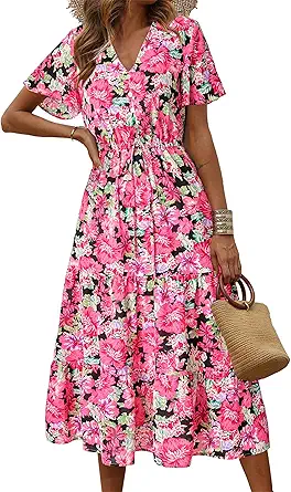 PRETTYGARDEN Summer Floral Dress for Women 2025 Casual Boho Short Sleeve Maxi Dresses V Neck Tiered Flowy Beach Sundress