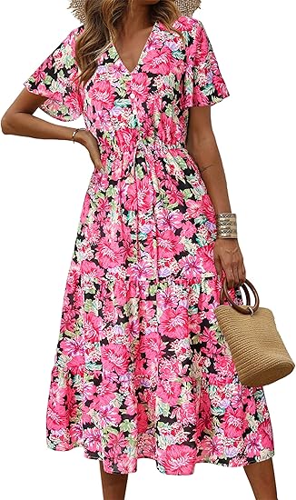PRETTYGARDEN Summer Floral Dress for Women 2025 Casual Boho Short Sleeve Maxi Dresses V Neck Tiered Flowy Beach Sundress