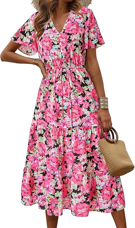 PRETTYGARDEN Summer Floral Dress for Women 2025 Casual Boho Short Sleeve Maxi Dresses V Neck Tiered Flowy Beach Sundress