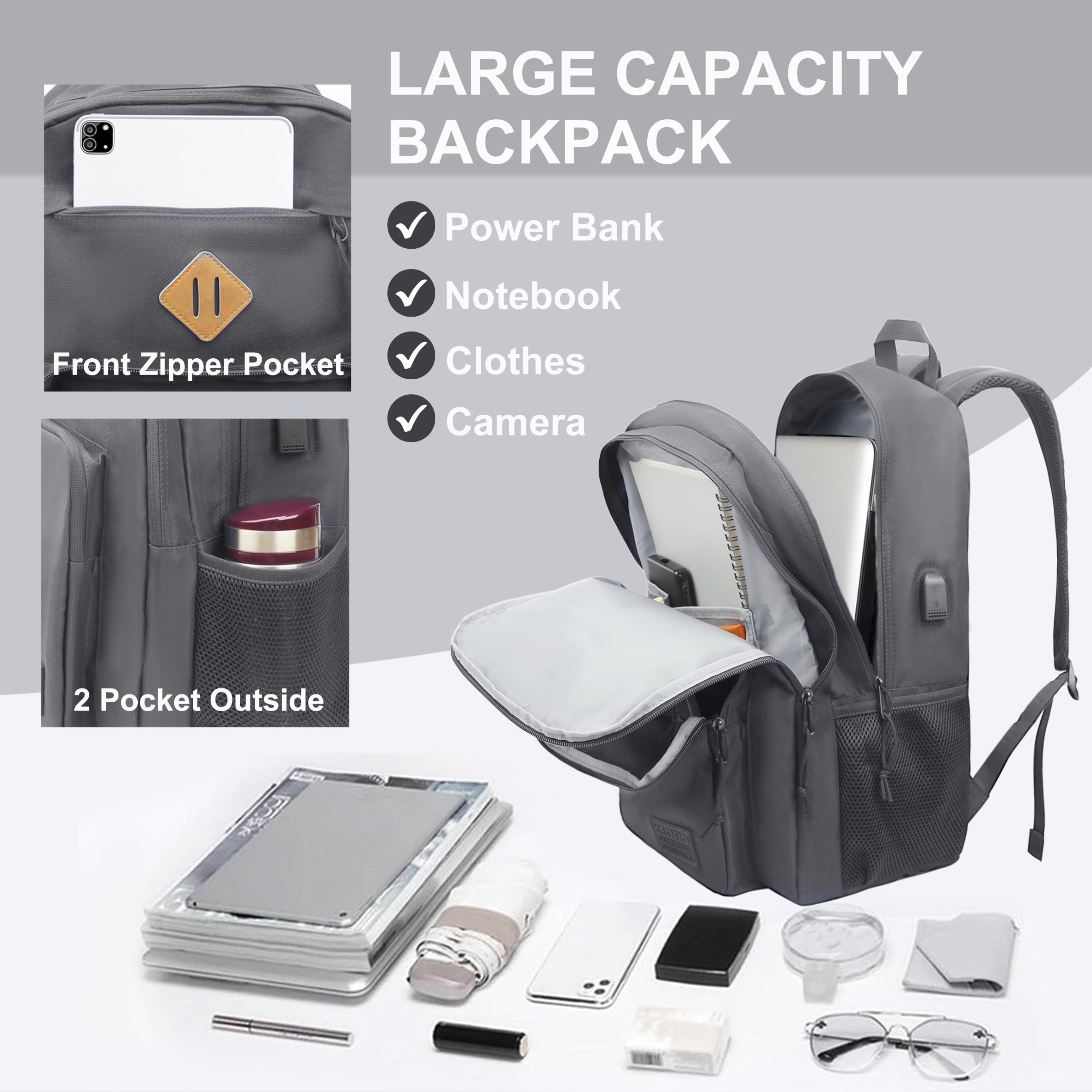KEOFID Zaino da viaggio classico a mano per uomini e donne, zaino antifurto per laptop con porta di ricarica USB