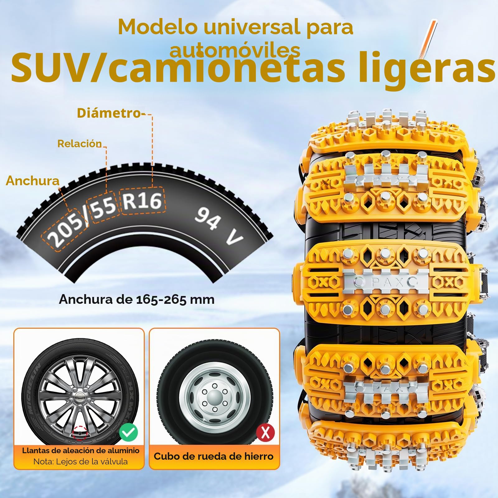 Cadenas de nieve universales para coche – 6 piezas antideslizantes de emergencia para neumáticos – Cadenas de tracción ajustables para TPU Van Camión SUV