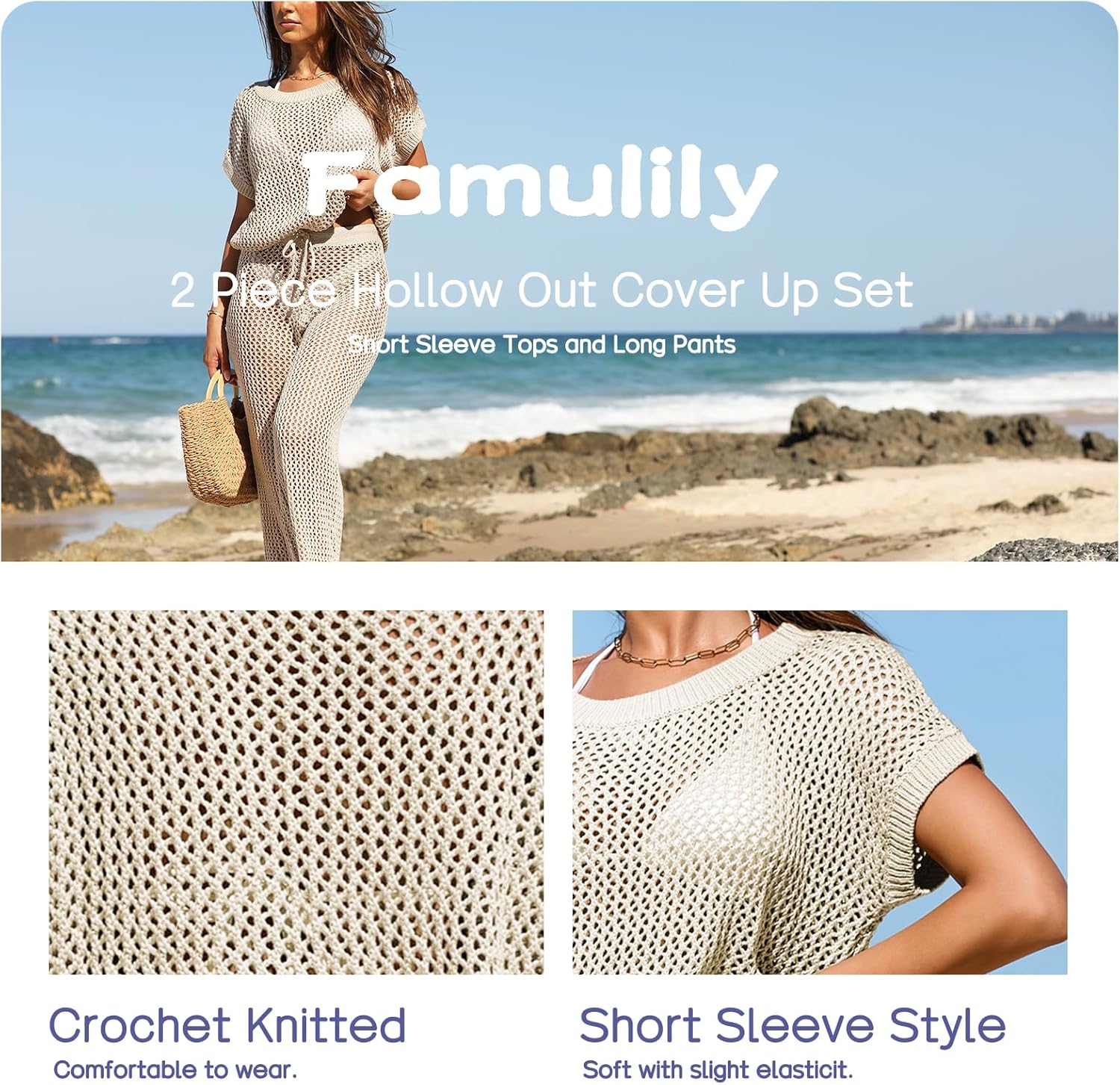Famulily Womens 2 Piece Hollow Out Cover Up Set Crochet Knitted Outfits with Short Sleeve Tops and Long Pants - Image 4