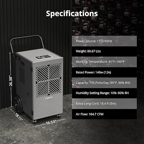Miniatura 6 de Kesnos Deshumidificador comercial de 155 pintas con bomba - Deshumidificador con manguera de drenaje y temporizador de 24 horas en gran espacio de