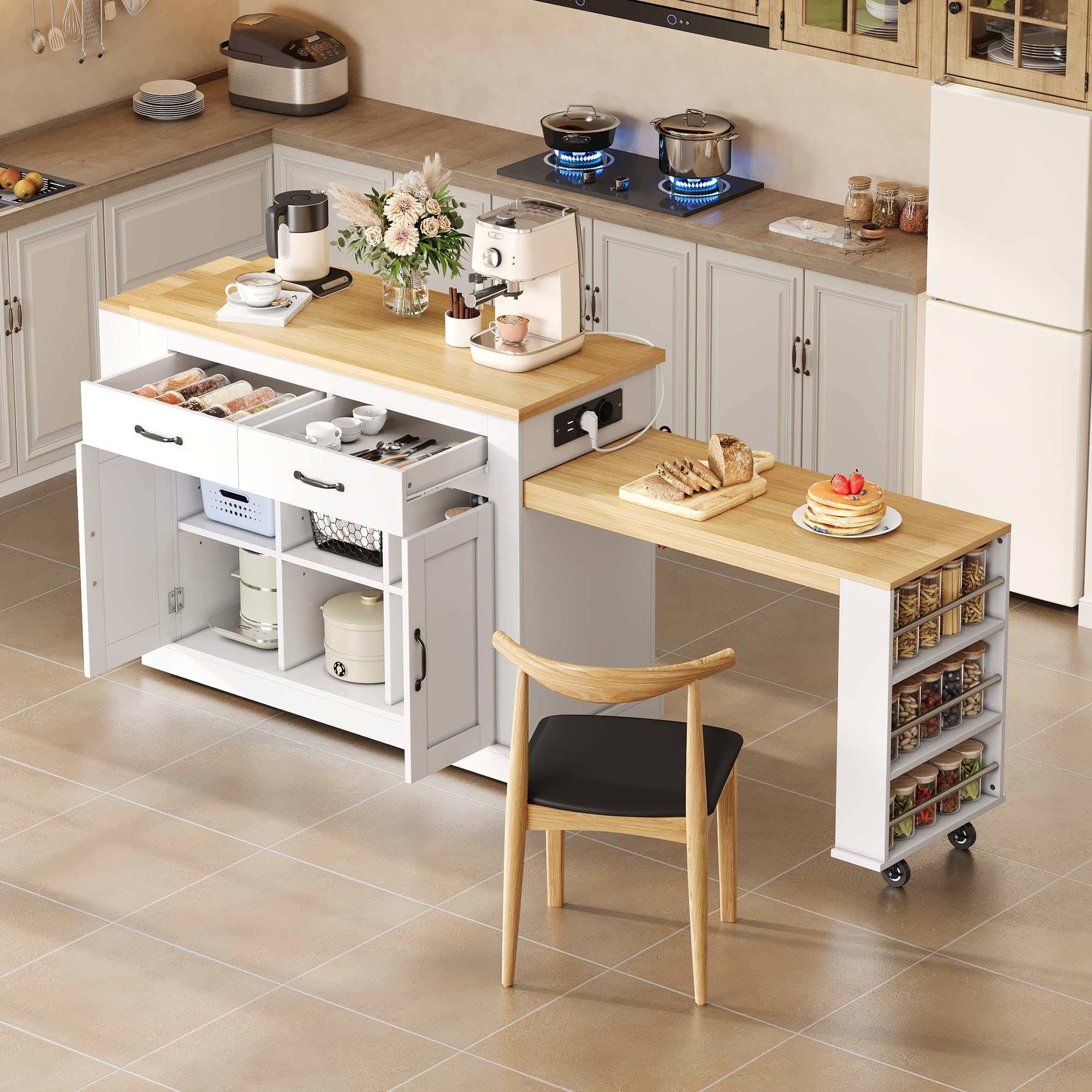 Isola da cucina con due piani di lavoro estensibili, elegante isola mobile, ripiani regolabili, 142 (massimo 340 cm) x 55 x 93 cm, adatta per cucina, sala da pranzo, soggiorno, ecc., bianco