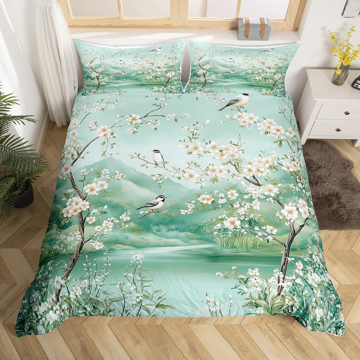 Homewish Juego de funda de edredón con diseño de flores de cerezo blanco, para niñas, con paisaje y vistas al lago, diseño de pájaros, tamaño doble