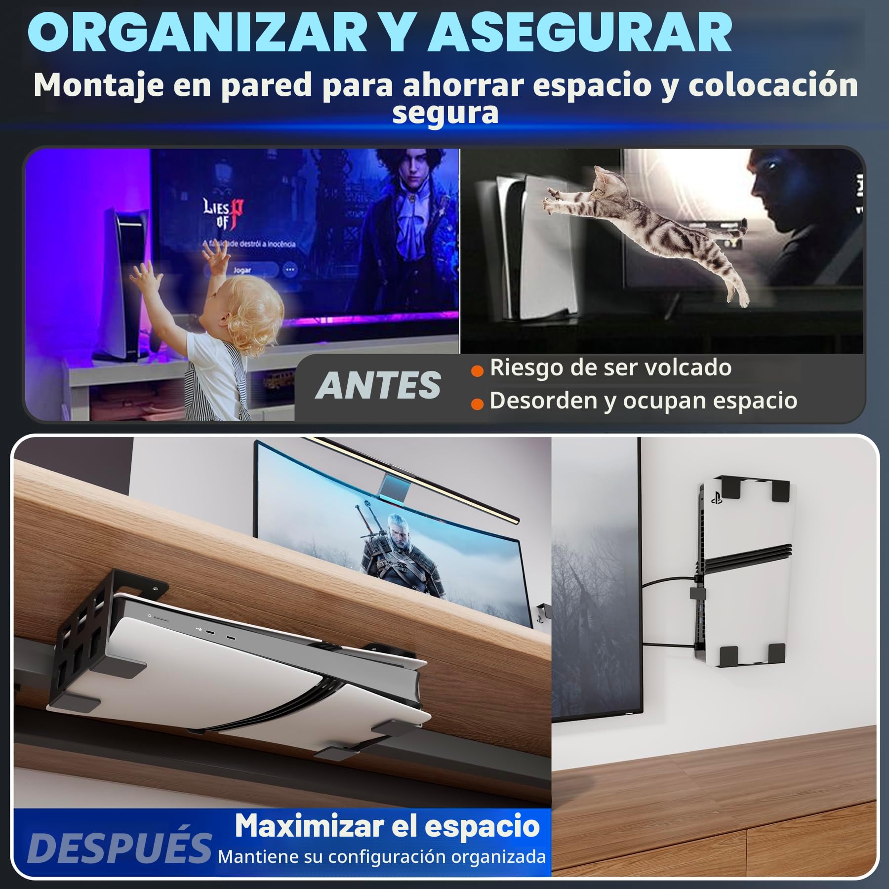 sciuU Soporte Bajo Escritorio o de Pared Compatible con PS5 Digital, Xbox S | Compatible con PlayStation 5 PS5 Slim / Pro Digital, PS4, Xbox Series S / One - Soporte para Consola de Pared / Mesa en Acero