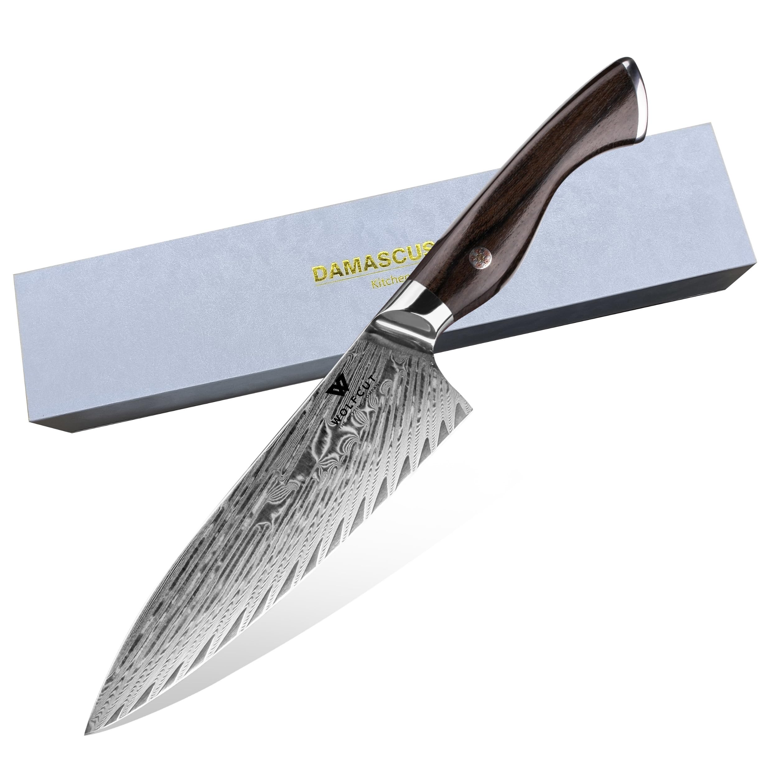 Wolfcut Damaskus Ōkami Chefmesser mit Ebenholzgriff | 21 cm Klinge 73-lagiger Damaszenerstahl | mit Geschenkbox | Damascus Küchenmesser | Damastmesser | Super scharf