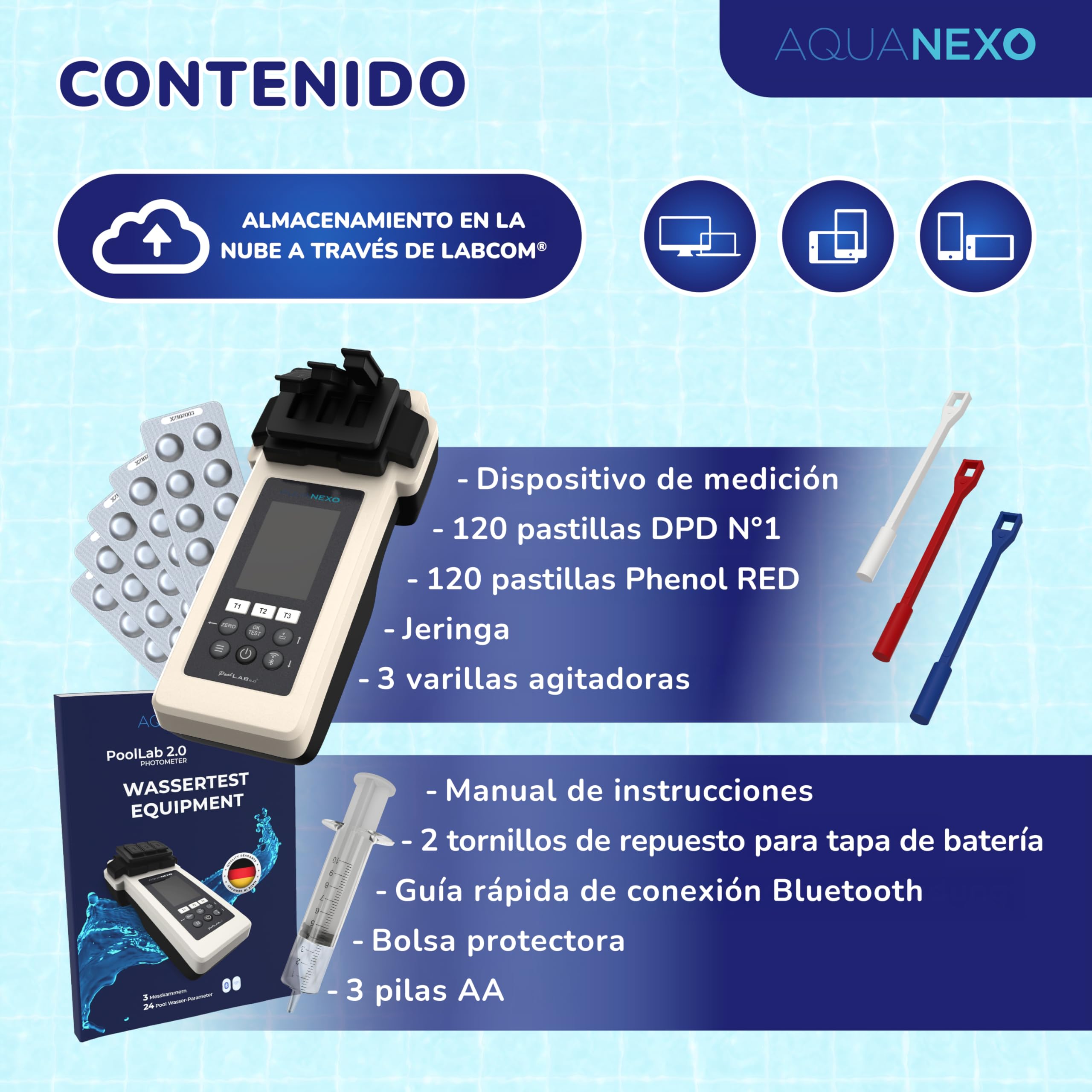 Poollab 2.0, incluye 240 comprimidos de prueba, cloro y pH, probador de piscinas, piscinas infantiles, hidromasaje