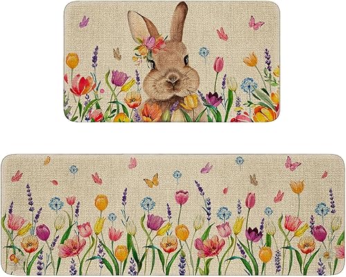 Juego de 2 tapetes y tapetes de cocina de Pascua, diseño de conejito floral de acuarela, decoración de cocina de primavera, tapete antideslizante y