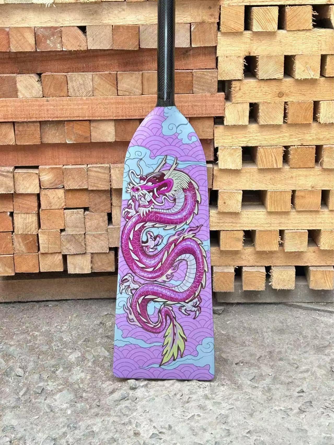 IDBF-zugelassene Kohlefaser, beide Grafiken, rosa Drachen, Aluminium-Klemme, verstellbar, Drachenboot-Paddel mit Spitzenschutz