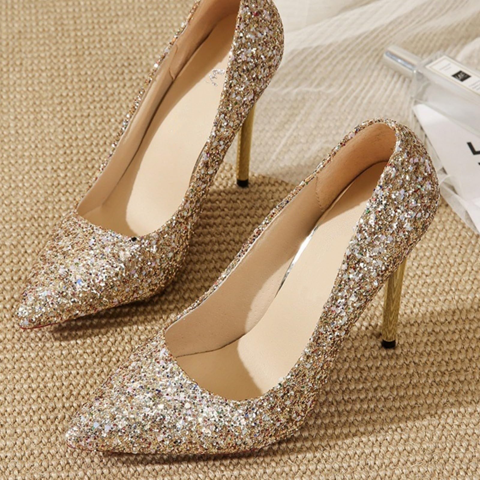 décolleté da donna eleganti con glitter, tacchi alti, eleganti scarpe da sposa | Scarpe da sera senza chiusura, comode scarpe con tacco a punta, scarpe da sposa leggere alte per matrimoni e feste