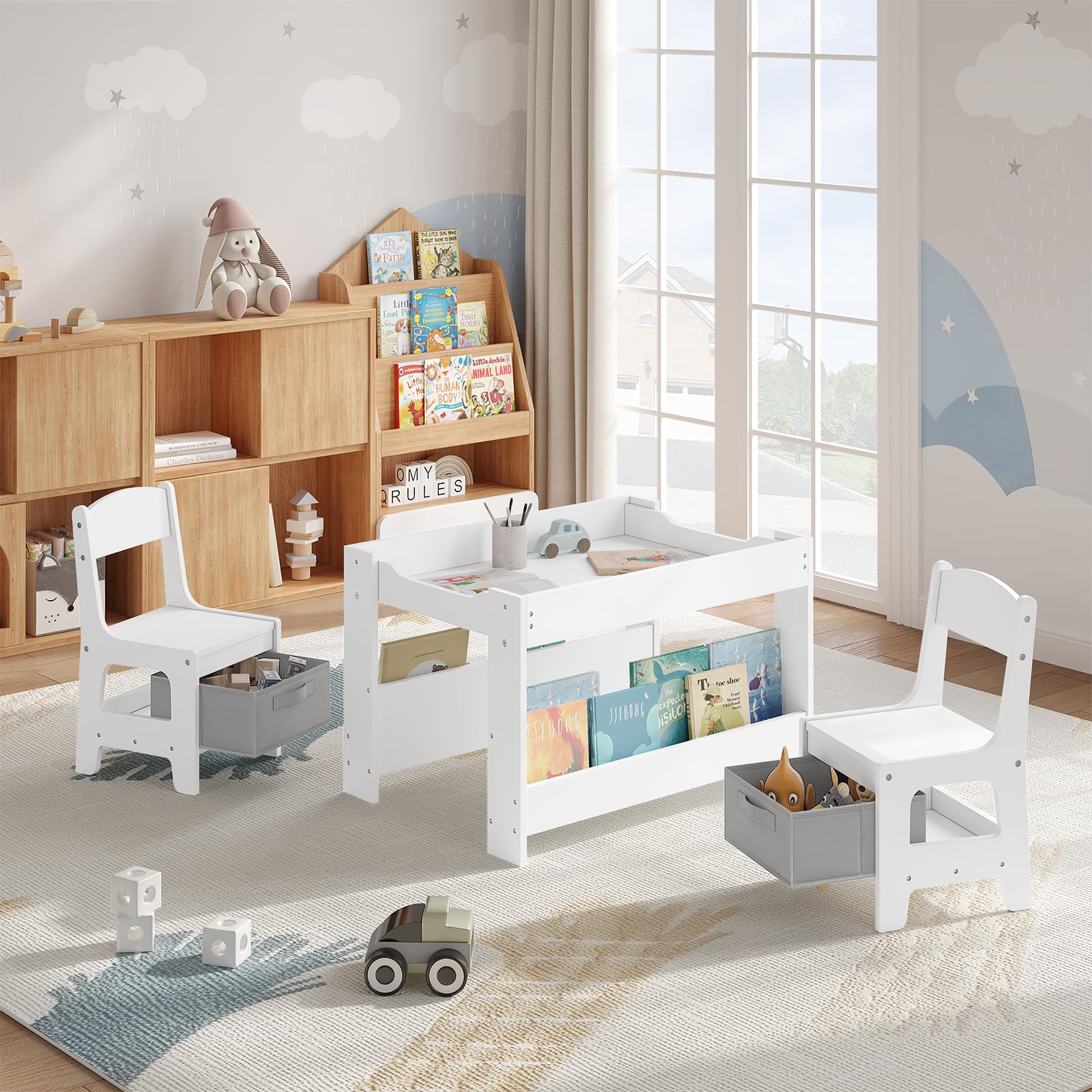 Lestarain Juego de Mesa y Sillas Infantiles, Mesa con Pizarra y 2 Sillas para Niños de Caja Almacenaje, Encimera Reversible, Mueble Infantil para Guardería y Habitación Infantil, Blanco