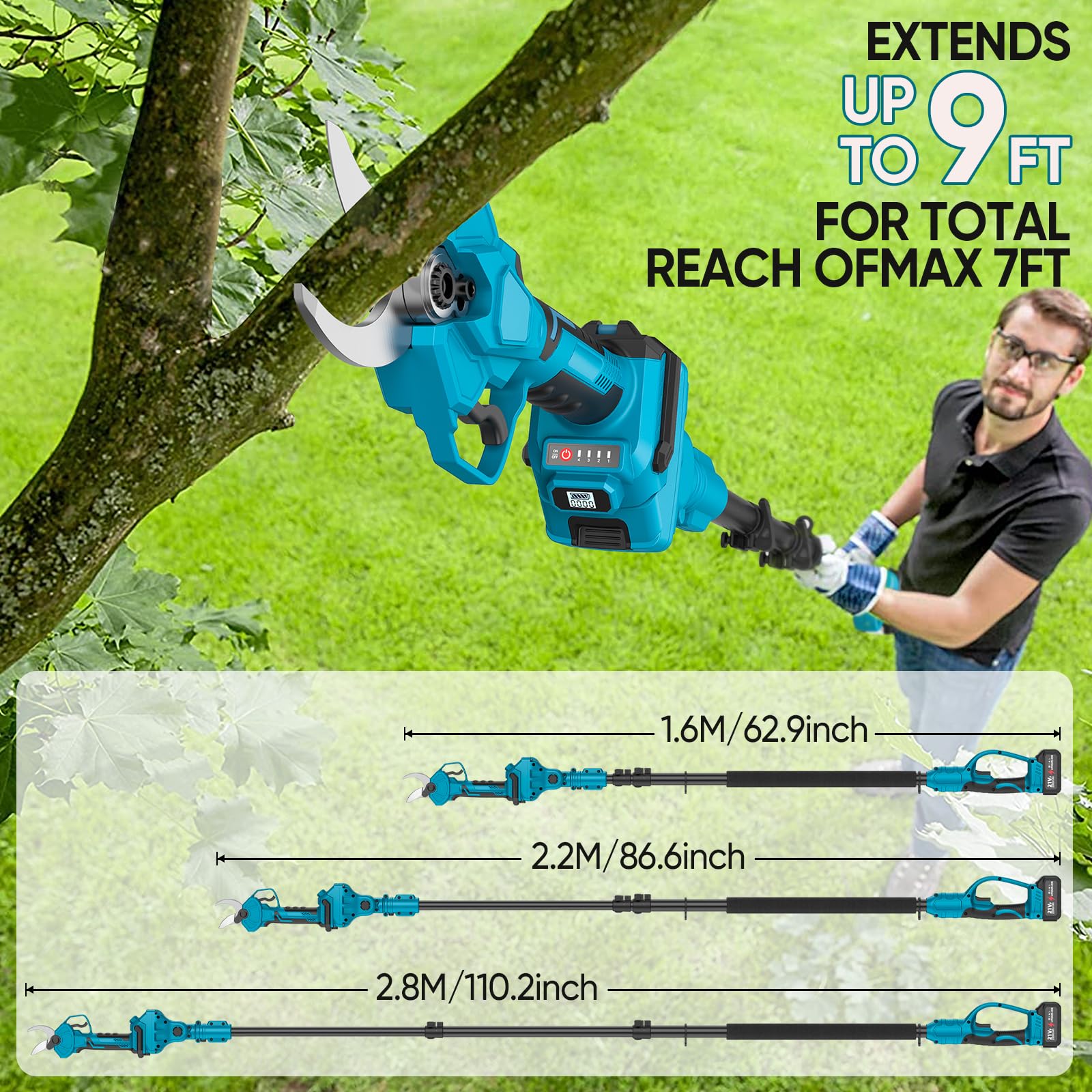 Sécateur Électrique Sans Fil avec Perche, 40MM Sécateur Électrique Télescopique avec 2 x 4,0Ah Batteries, Portée Maximale 1,6-2,8M, Moteur Brushless 1000W, Sécateur à Batterie pour Jardinage/Arbres
