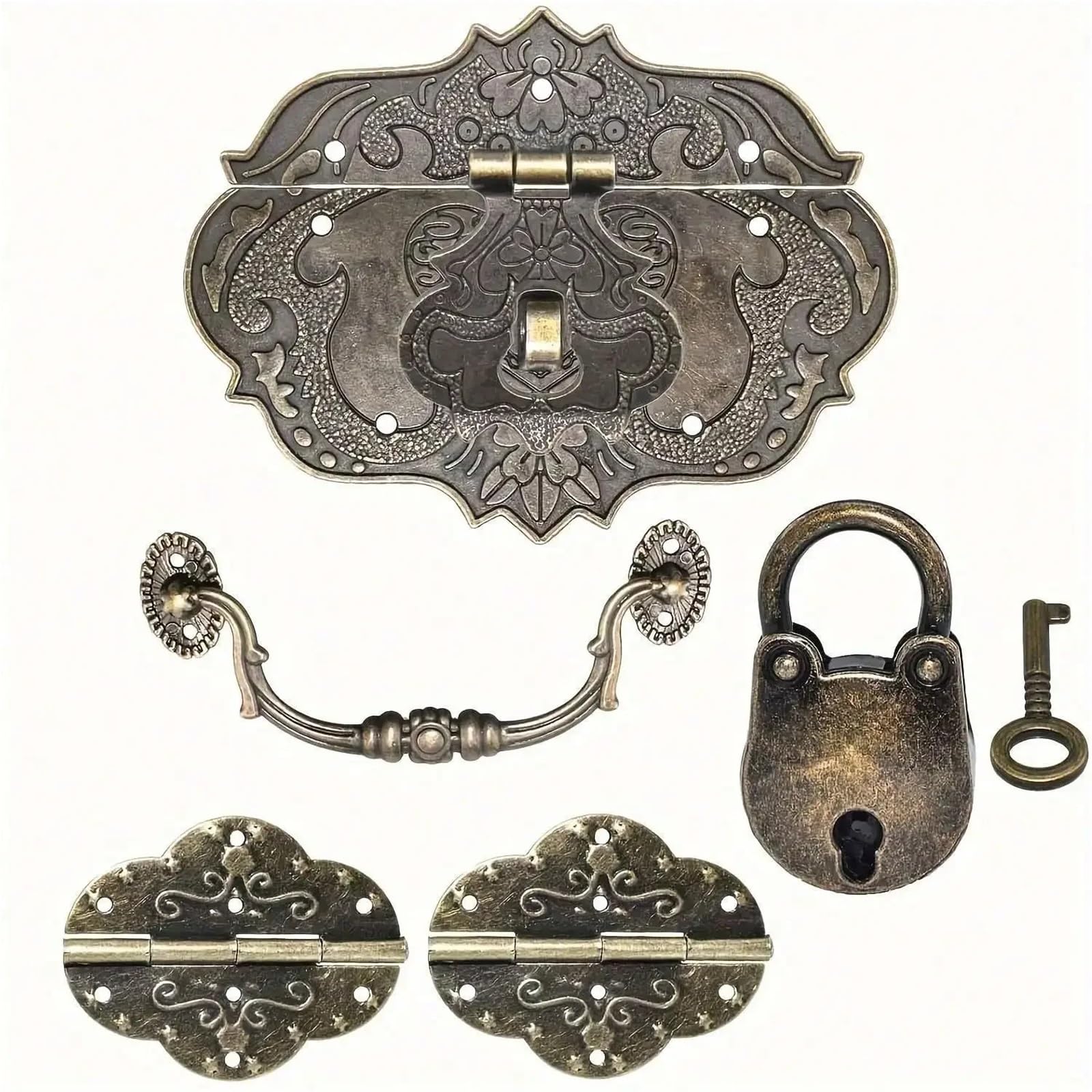 5-Piece Vintage Lock & Hinge Set with Carry Handle - Antique Bronze Finish, Includes Screws for Easy Installation