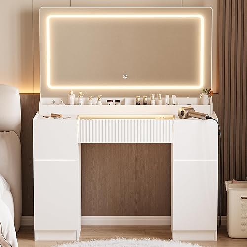 44" Vanity Desk with Large Mirror and Lights, Modern Glass Top Makeup Vanity Set with Power Outlet, 3 Drawers and 2 Cabinet, 3 Lighting Color Adjustable Dressing Table for Bedroom,Pure White