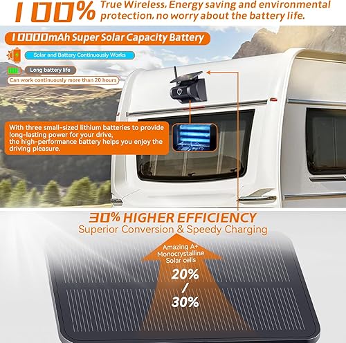 Miniatura 4 de Cámara de respaldo inalámbrica magnética solar: señal fuerte Bluetooth sin instalación, 5 pulgadas, 1080P, a prueba de arañazos, recargable, cámara